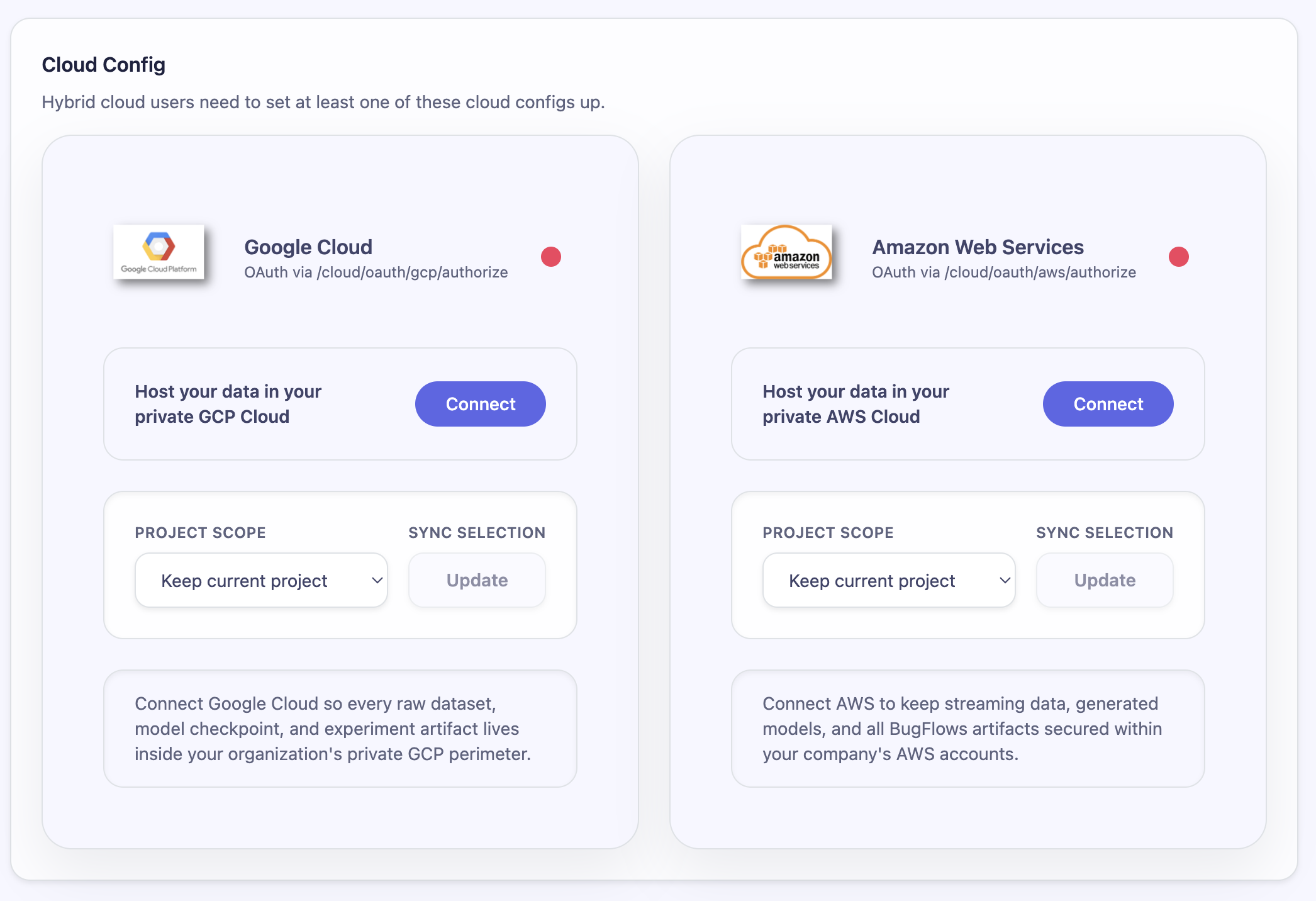 Hybrid Cloud configuration screen for connecting customer Google Cloud or AWS accounts